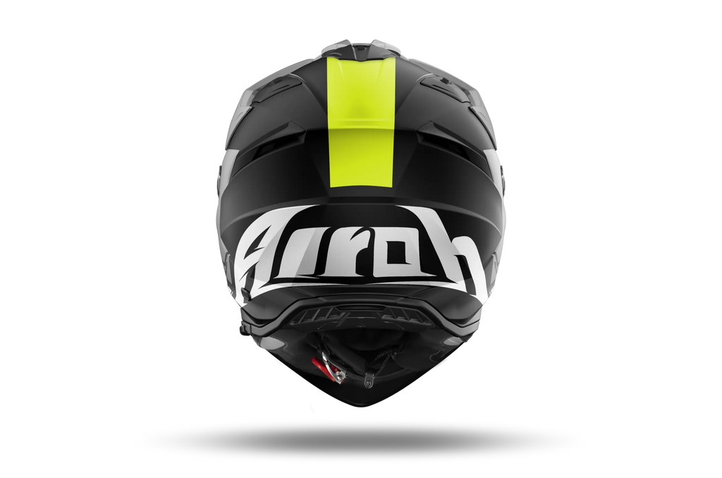 Airoh Bandit BADX-X Tune Giallo Opaco visto da dietro, con la parte posteriore della calotta