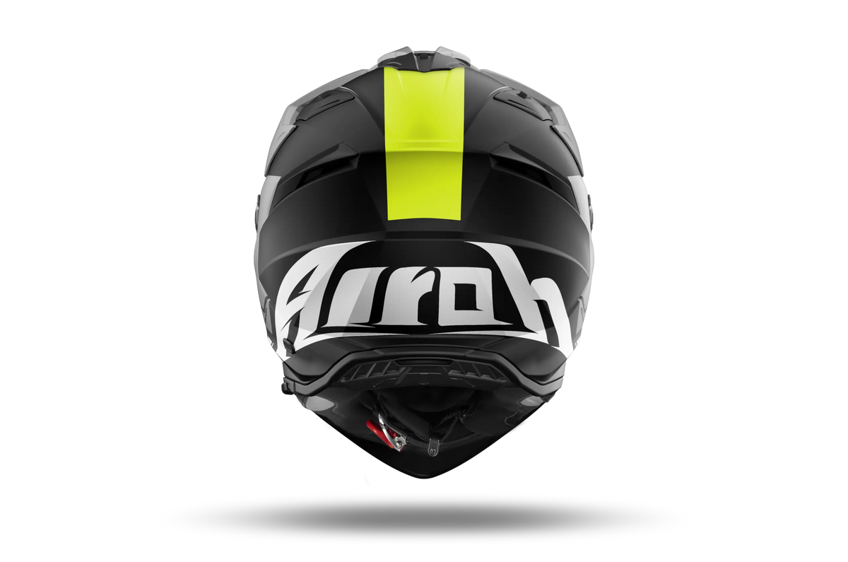 Airoh Bandit BADX-X Tune Giallo Opaco visto da dietro, con la parte posteriore della calotta