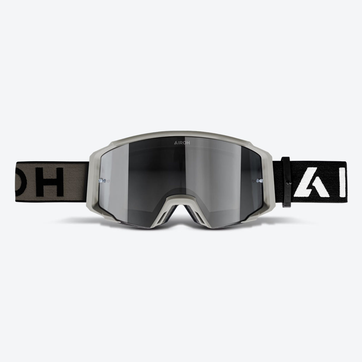 Airoh Blast XR1 grigio chiaro opaco in primo piano frontale, lente specchio argento e cinghia