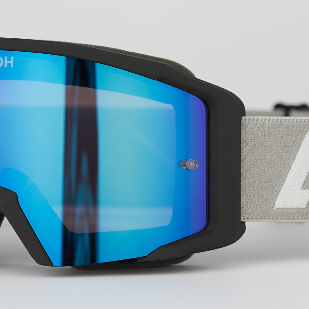 Dettaglio della lente specchiata blu della maschera Airoh Blast XR1 nero opaco