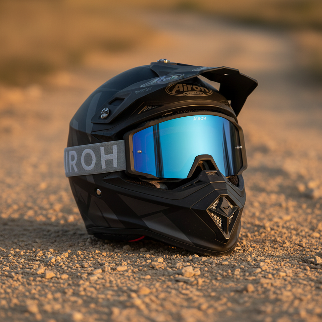 Maschera Airoh Blast XR1 nero opaco montata su un casco da cross, ambientazione fuoristrada