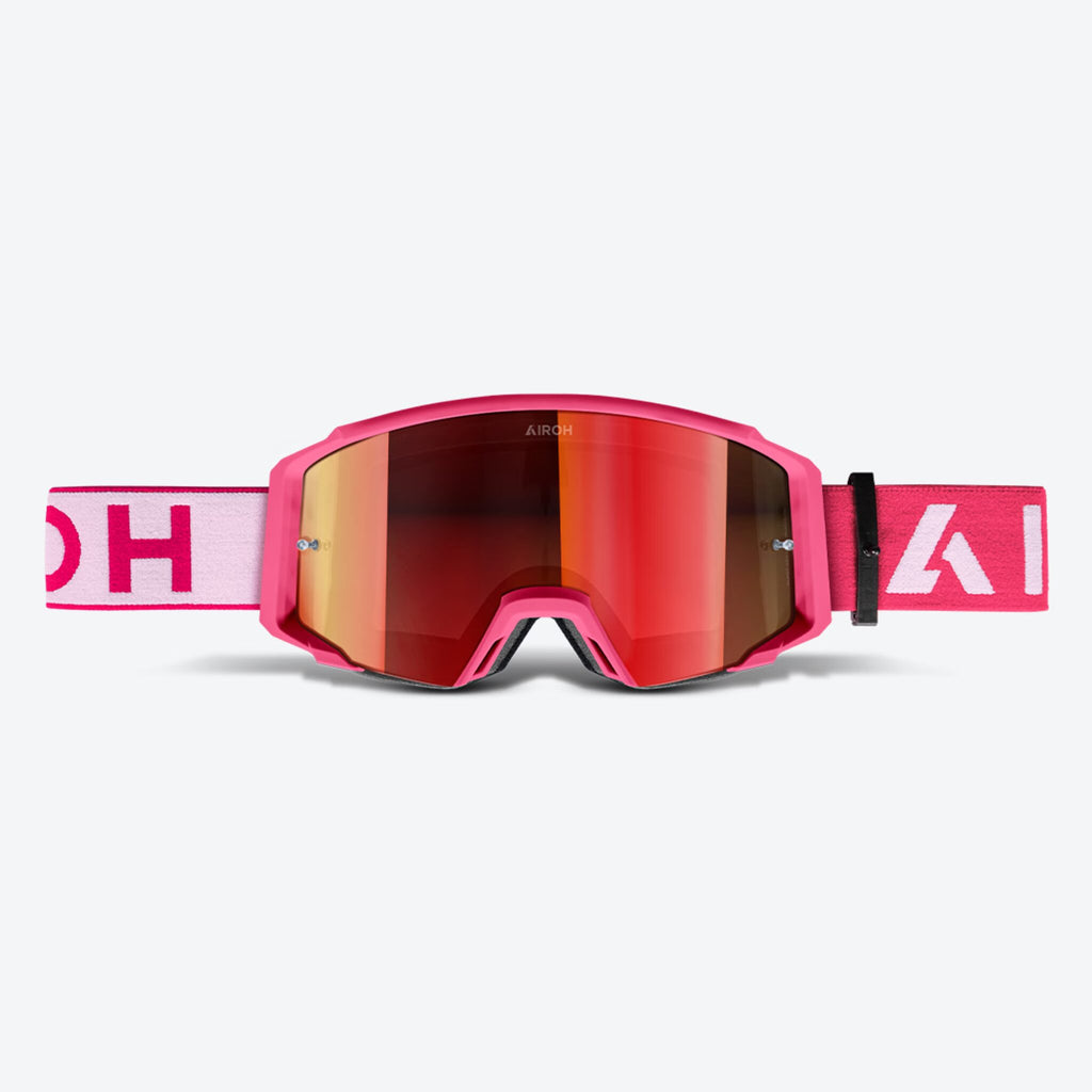 Airoh Blast XR1 rosa opaco in primo piano frontale, lente specchio rossa e telaio flessibile