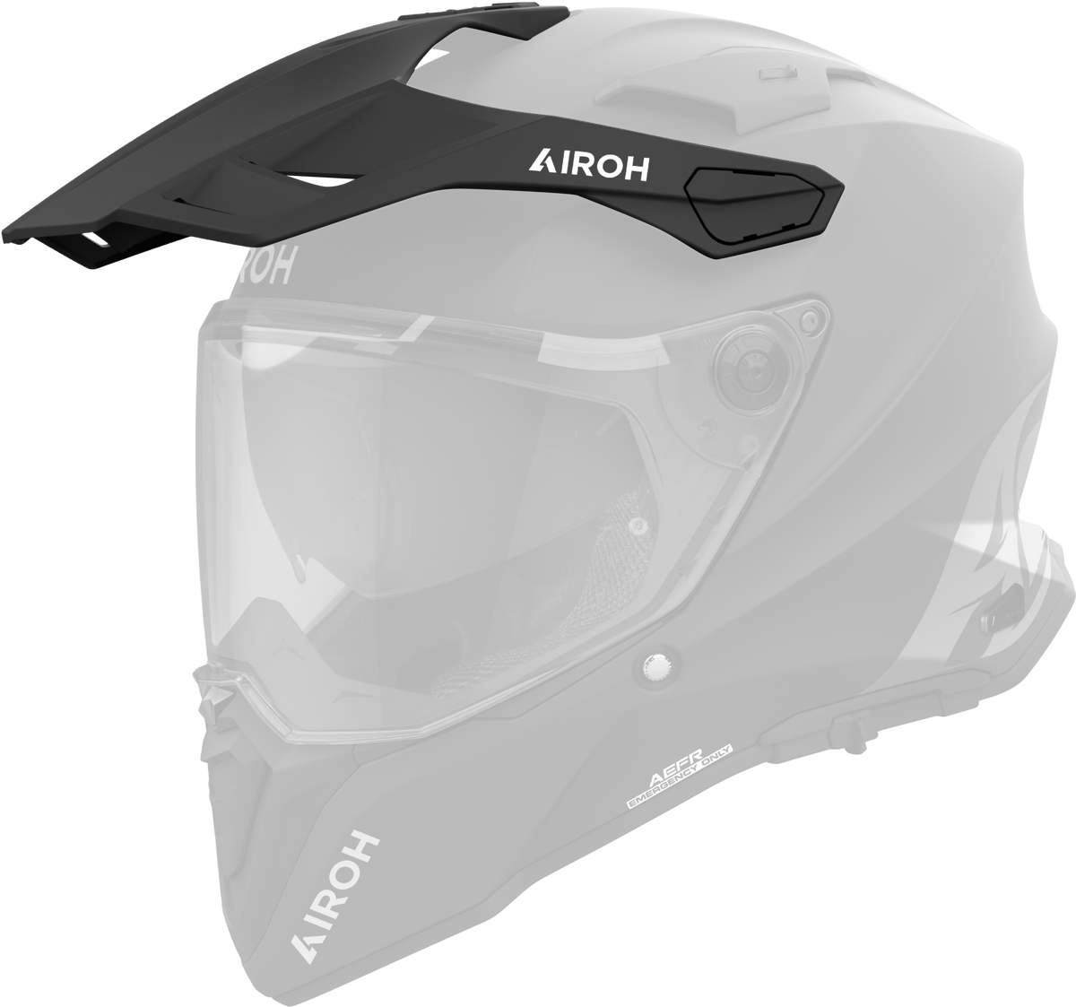 Frontino Nero Opaco originale Airoh CM211F per casco Commander 2, mostrato su un casco in trasparenza, foto ufficiale del ricambio