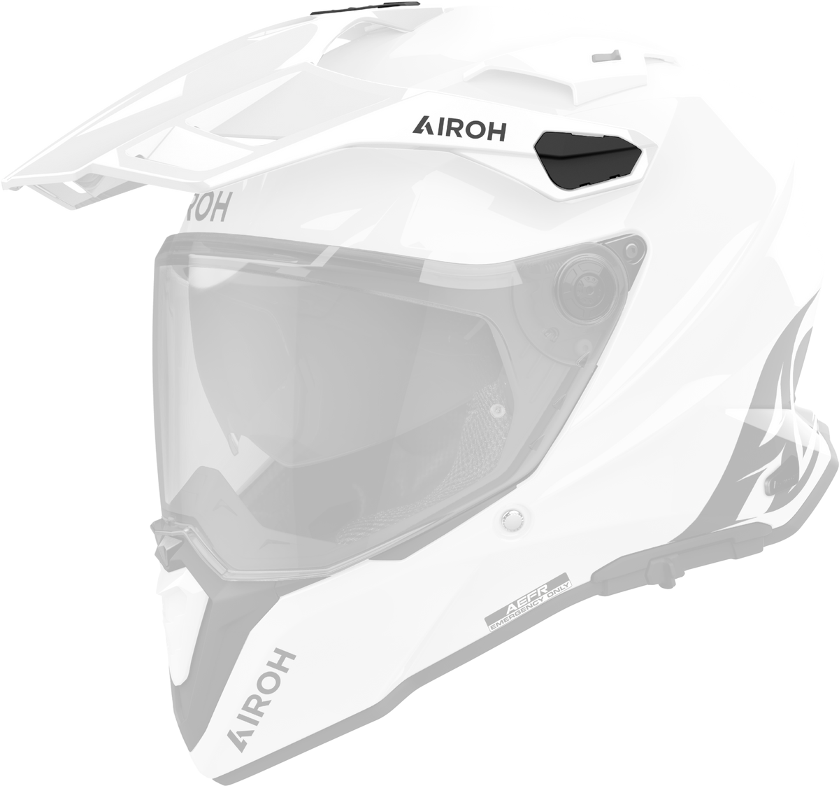 Frontino Bianco Lucido originale Airoh CM214F per casco Commander 2, mostrato su un casco in trasparenza, foto ufficiale del ricambio
