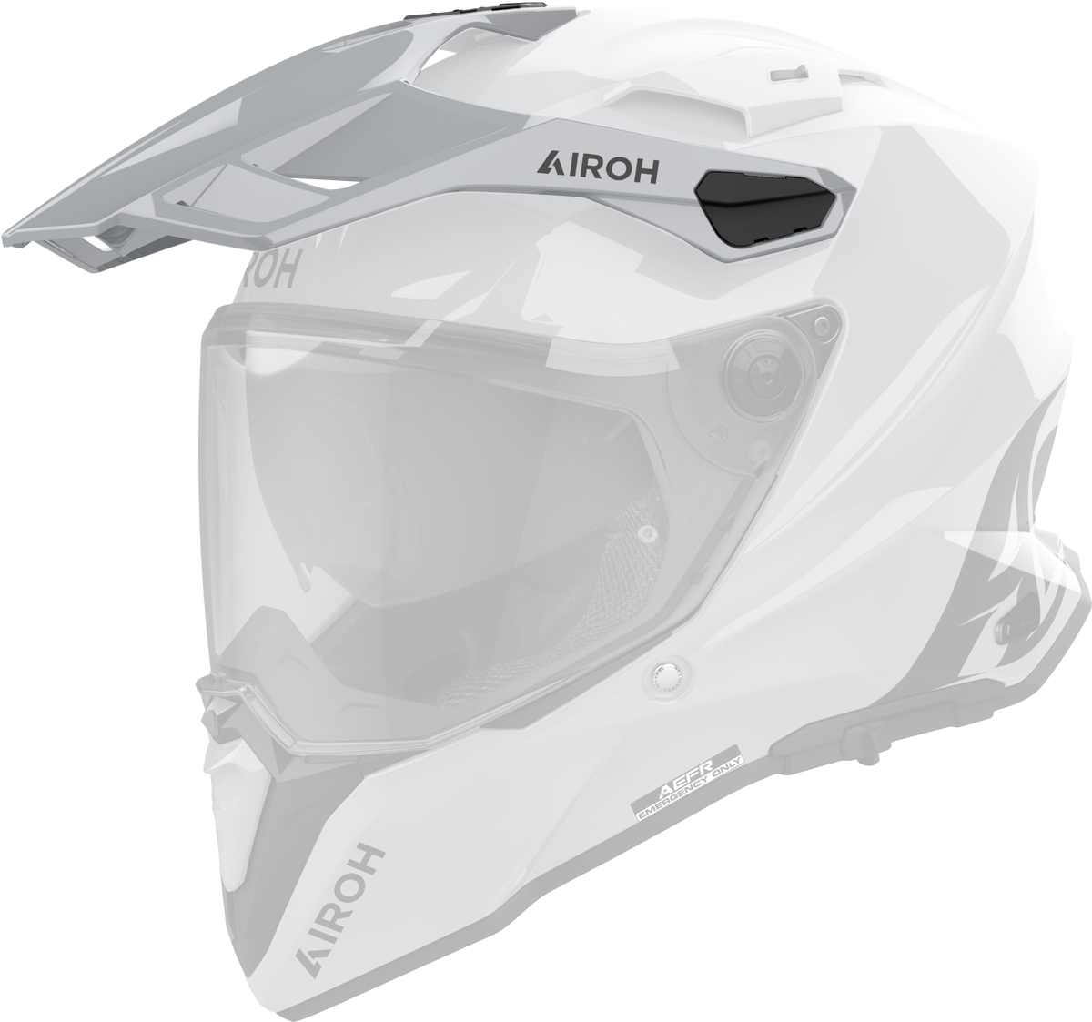 Frontino Grigio Cemento Lucido originale Airoh CM281F per casco Commander 2, mostrato su un casco in trasparenza, foto ufficiale del ricambio