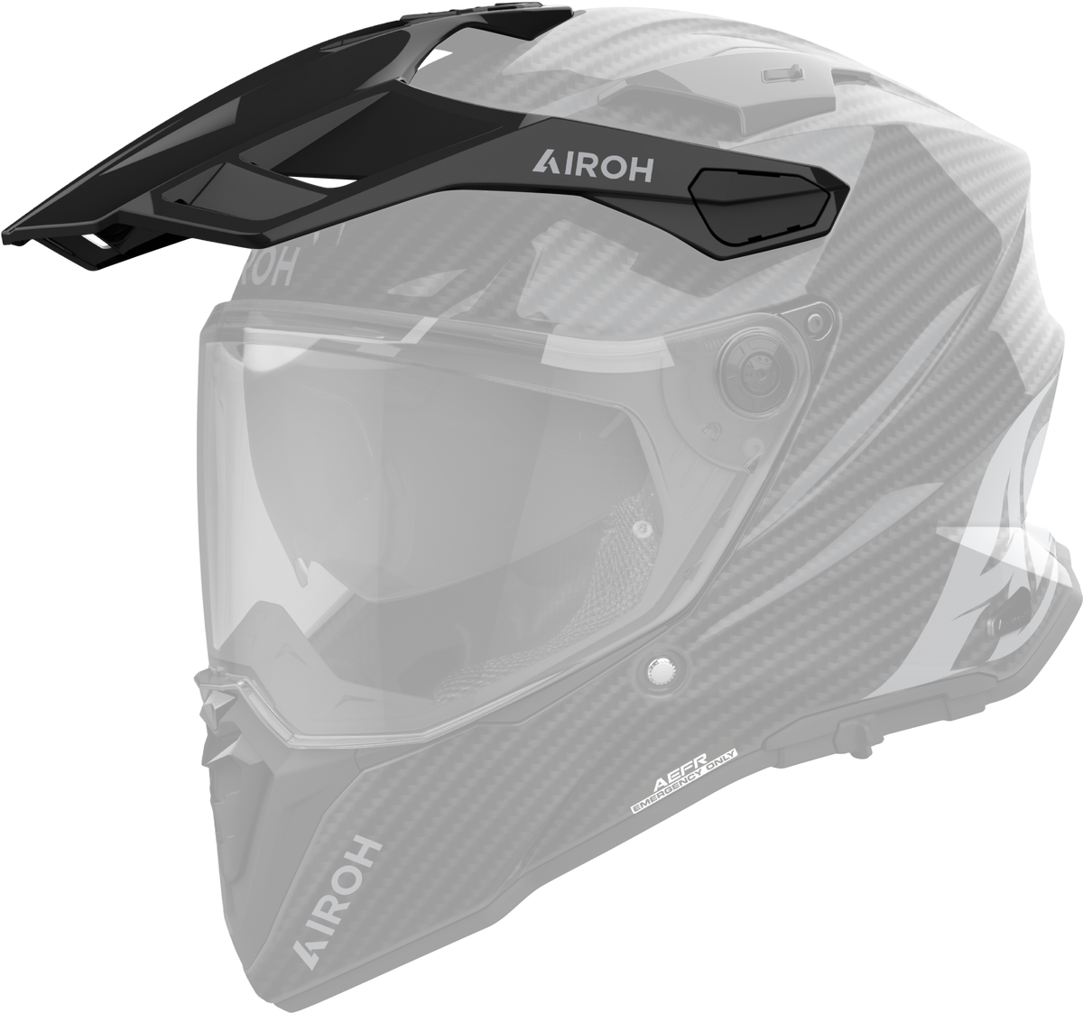 Frontino Carbonio Lucido originale Airoh CM299F per casco Commander 2, mostrato su un casco in trasparenza, foto ufficiale del ricambio