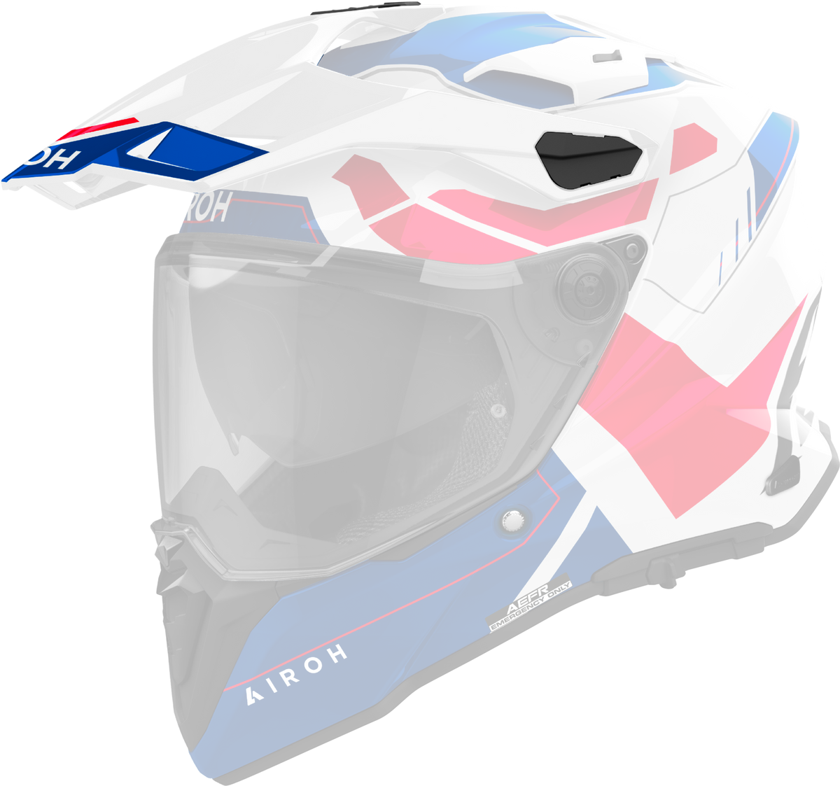 Frontino Reveal Blu/Rosso Lucido originale Airoh CM2R18F1 per casco Commander 2, mostrato su un casco in trasparenza, foto ufficiale del ricambio