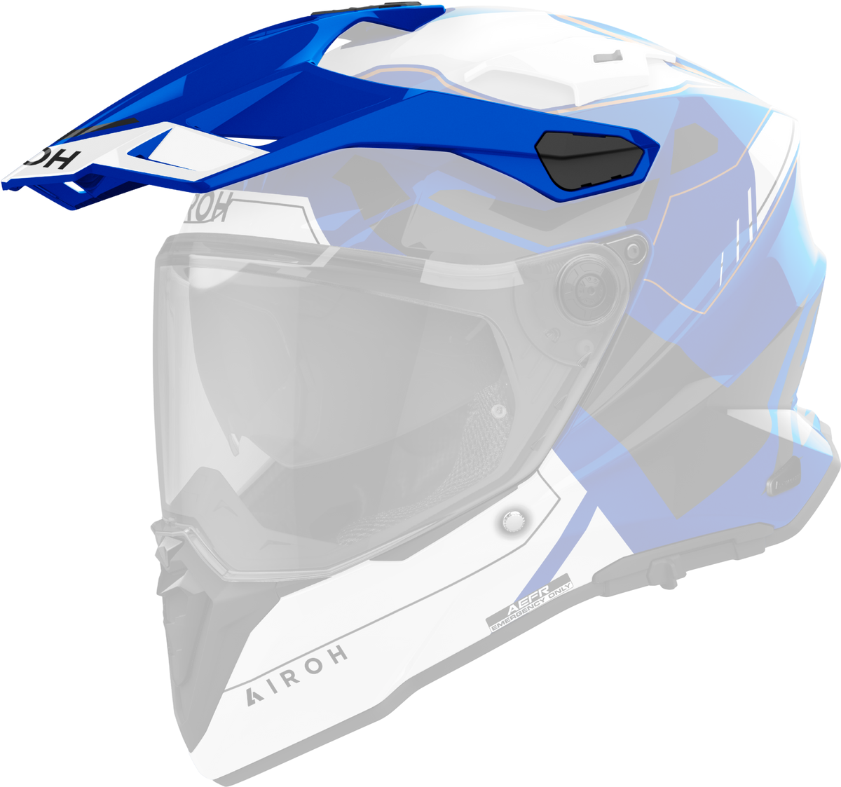 Frontino Reveal Blu Lucido originale Airoh CM2R19F1 per casco Commander 2, mostrato su un casco in trasparenza, foto ufficiale del ricambio