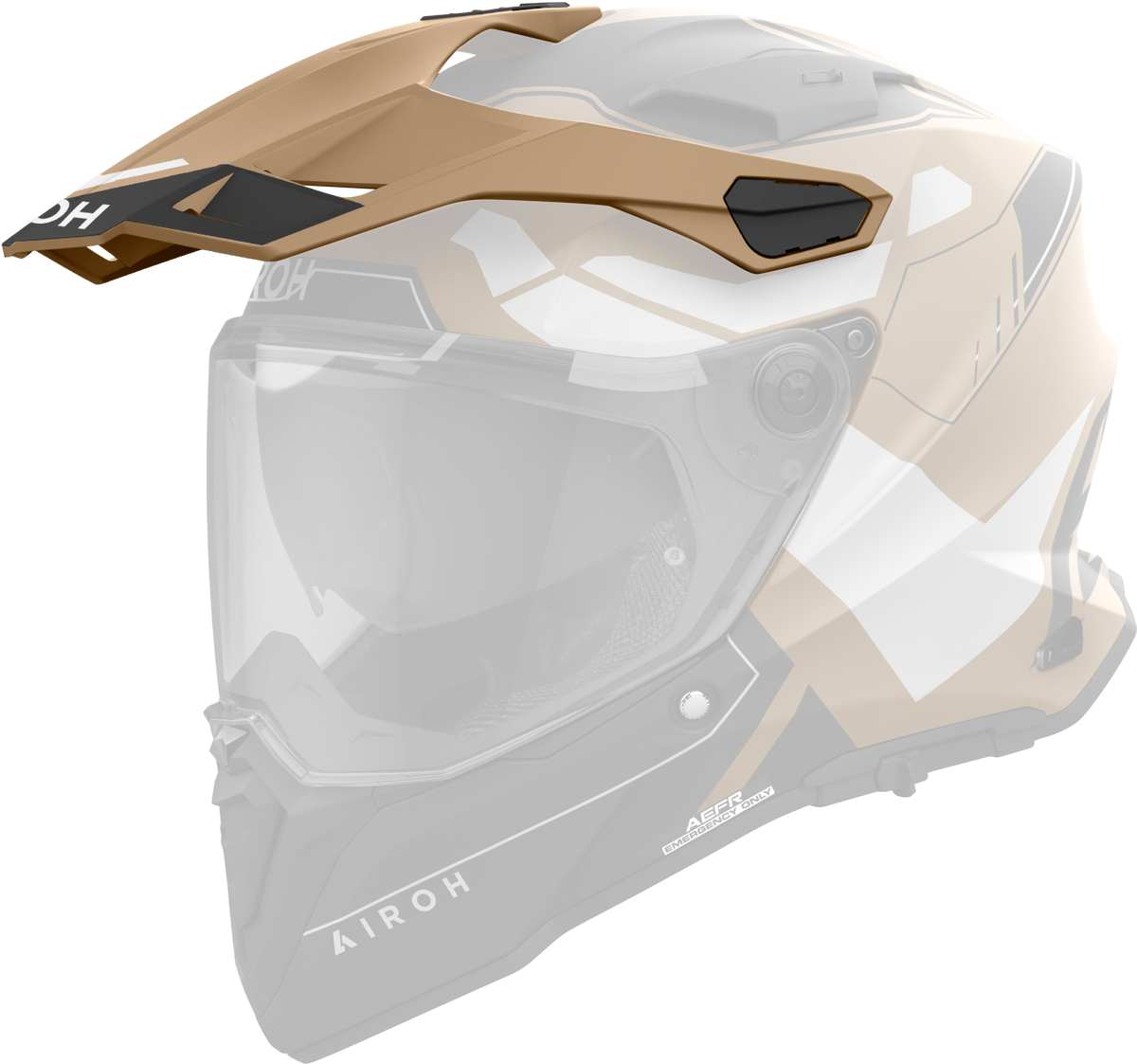 Frontino Reveal Sabbia Opaco originale Airoh CM2R29F1 per casco Commander 2, mostrato su un casco in trasparenza, foto ufficiale del ricambio