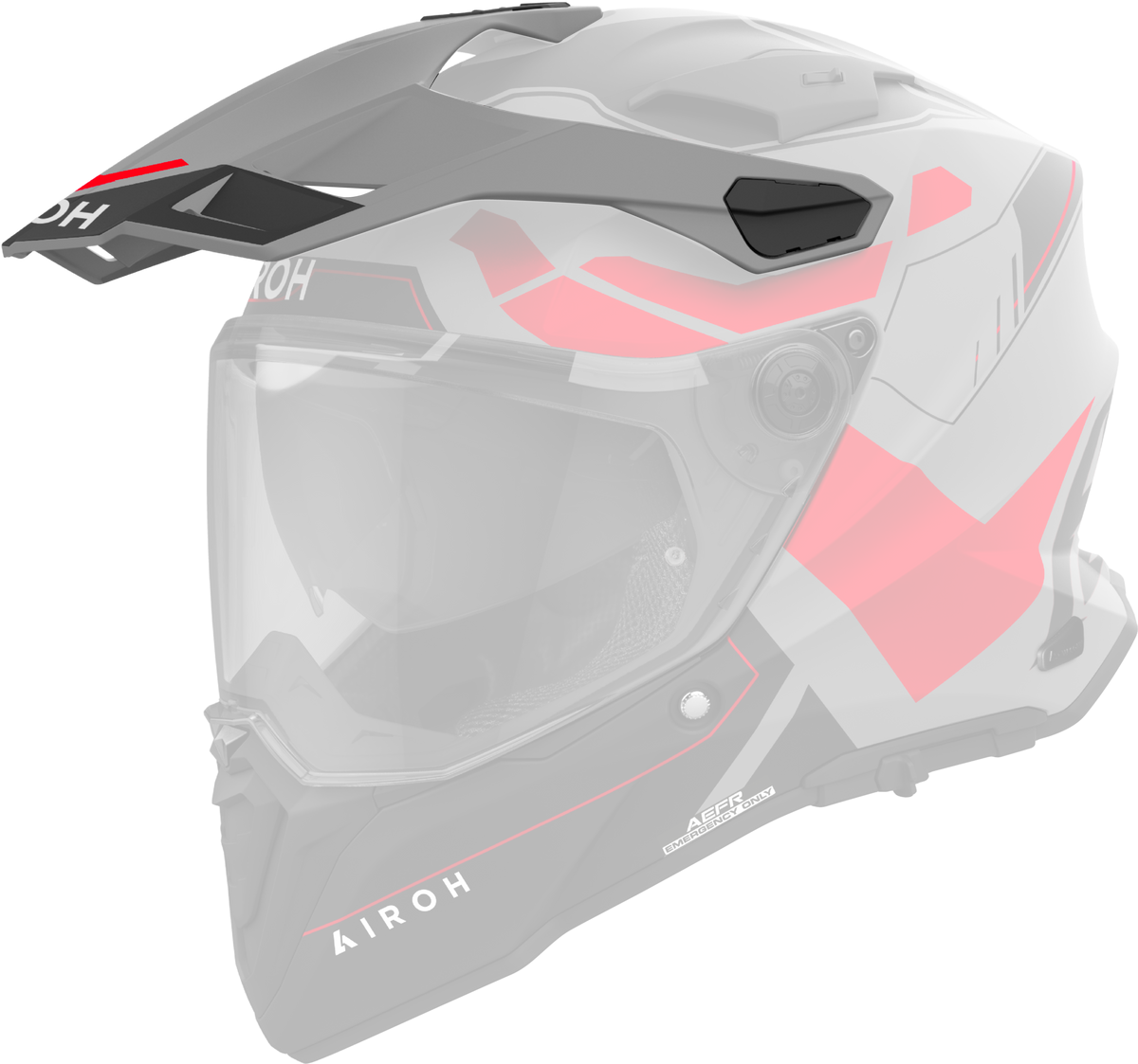 Frontino Reveal Rosso Fluo Opaco originale Airoh CM2R55F1 per casco Commander 2, mostrato su un casco in trasparenza, foto ufficiale del ricambio