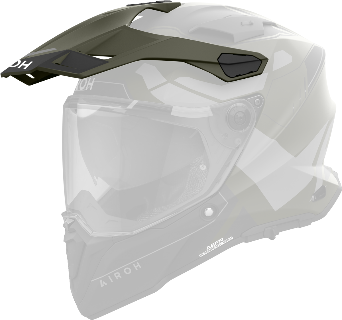 Frontino Reveal Verde Militare Opaco originale Airoh CM2R70F1 per casco Commander 2, mostrato su un casco in trasparenza, foto ufficiale del ricambio