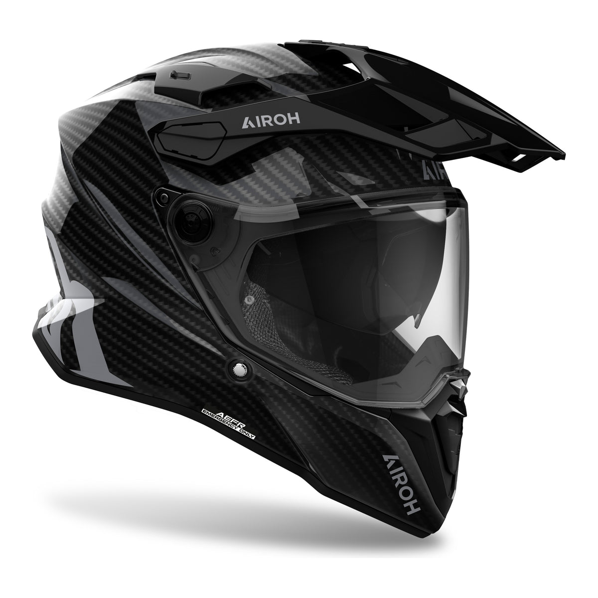 Airoh Commander 2 Carbon Carbonio Lucido (CM299), casco adventure visto di tre quarti dal lato destro, grafica in fibra di carbonio a vista, lucida