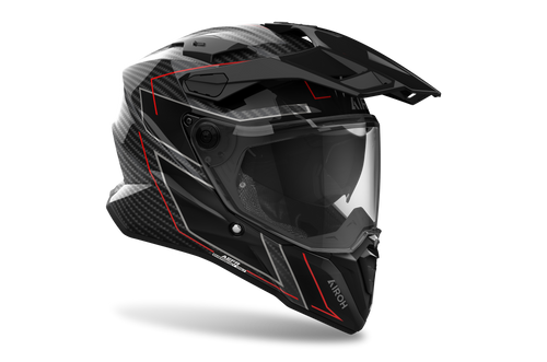 Airoh Commander 2 Carbon Stylish carbonio e rosso casco adventure, tre quarti anteriore sinistra con frontino