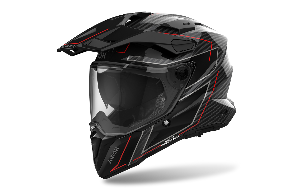 Airoh Commander 2 Carbon Stylish carbonio e rosso casco adventure, tre quarti anteriore destra, visiera chiusa