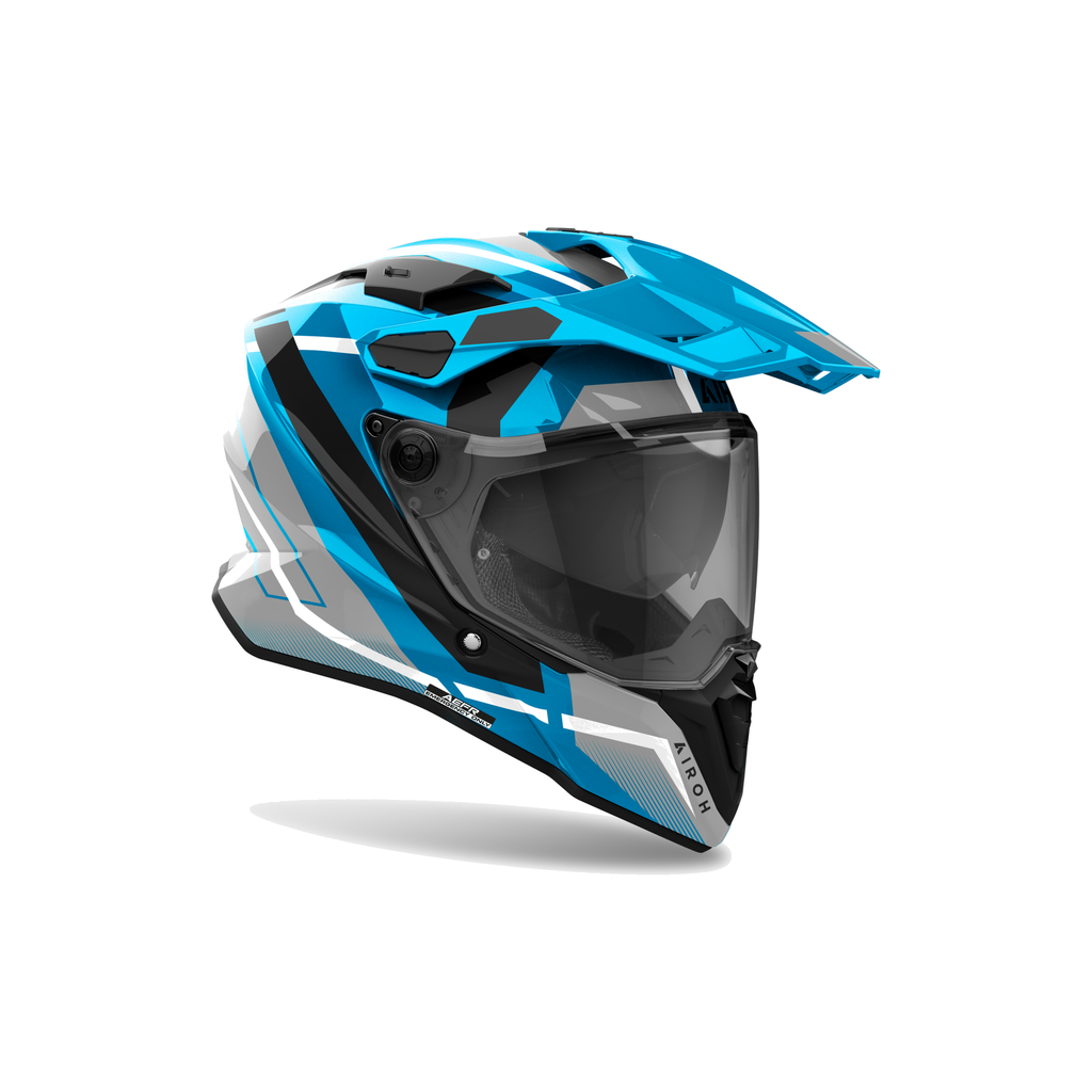 Airoh Commander 2 Mavick Azzurro/Grigio/Bianco Lucido CM2M82, casco adventure, vista di tre quarti dal lato destro