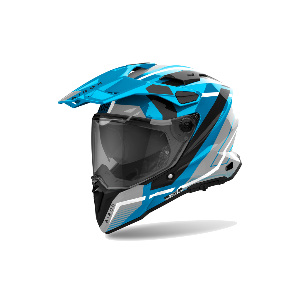 Airoh Commander 2 Mavick Azzurro/Grigio/Bianco Lucido CM2M82, casco adventure, vista di tre quarti dal lato sinistro