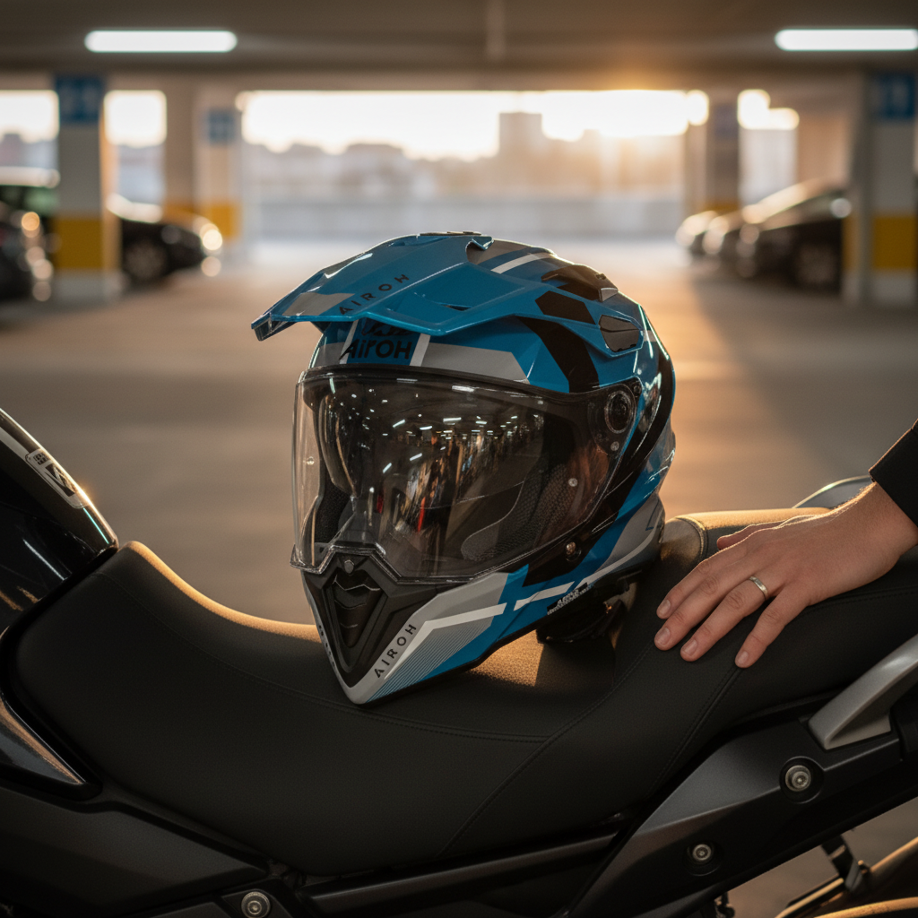 Casco Airoh Commander 2 Mavick blu ceruleo appoggiato sulla sella di una moto adventure