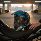 Casco Airoh Commander 2 Mavick blu ceruleo appoggiato sulla sella di una moto adventure
