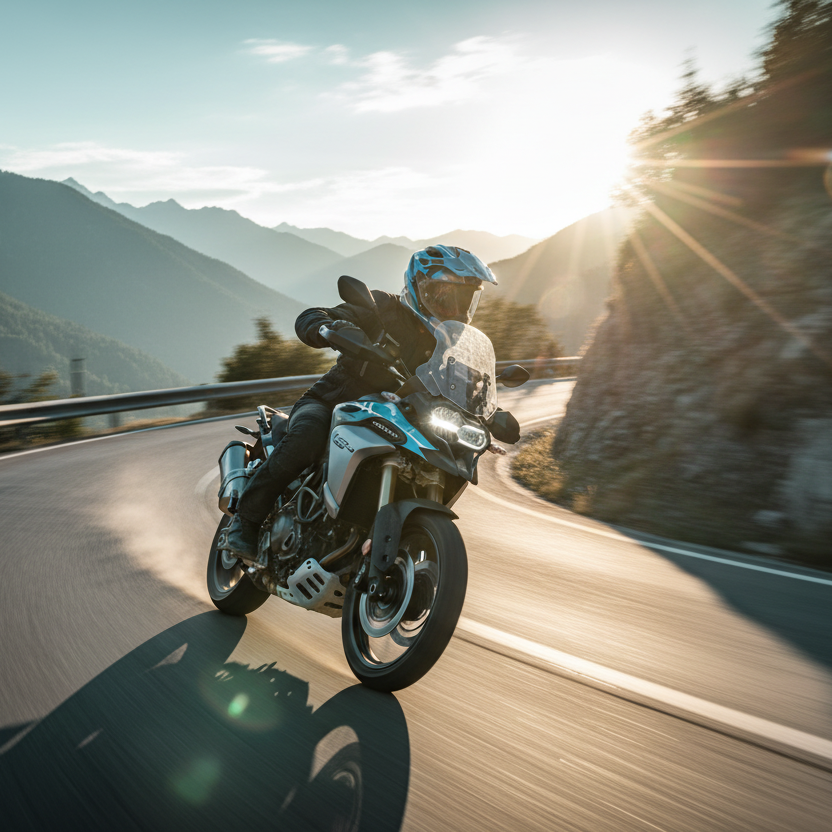 Motociclista con casco Airoh Commander 2 Mavick blu ceruleo in sella su una strada di montagna