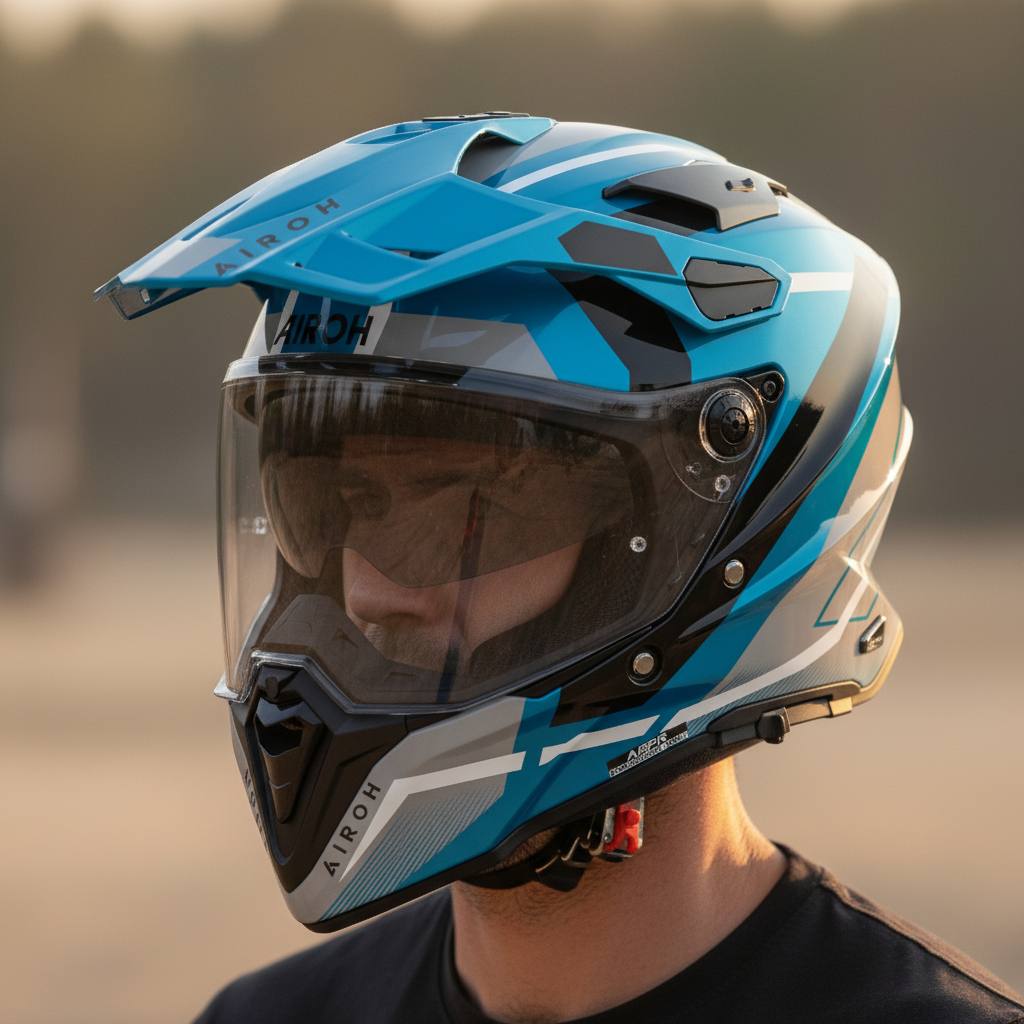 Motociclista con casco Airoh Commander 2 Mavick blu ceruleo indossato e visiera trasparente abbassata