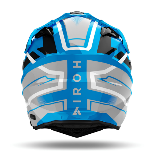 Casco Airoh Commander 2 Mavick blu ceruleo visto da dietro, logo Airoh ed estrattori posteriori