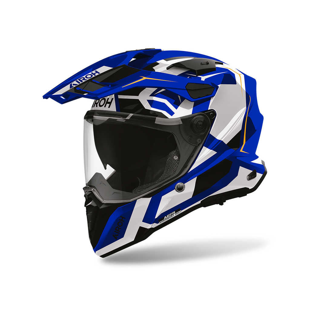 Airoh Commander 2 Polar Blu Lucido (CM2P18), casco adventure visto di tre quarti dal lato sinistro, grafica bianca e blu, lucida