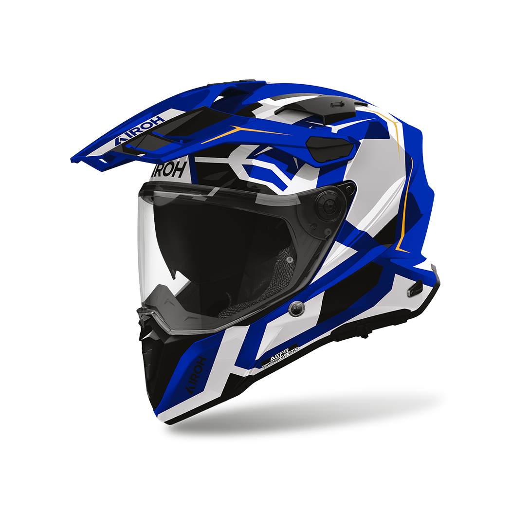 Airoh Commander 2 Polar Blu Lucido (CM2P18), casco adventure visto di tre quarti dal lato sinistro, grafica bianca e blu, lucida