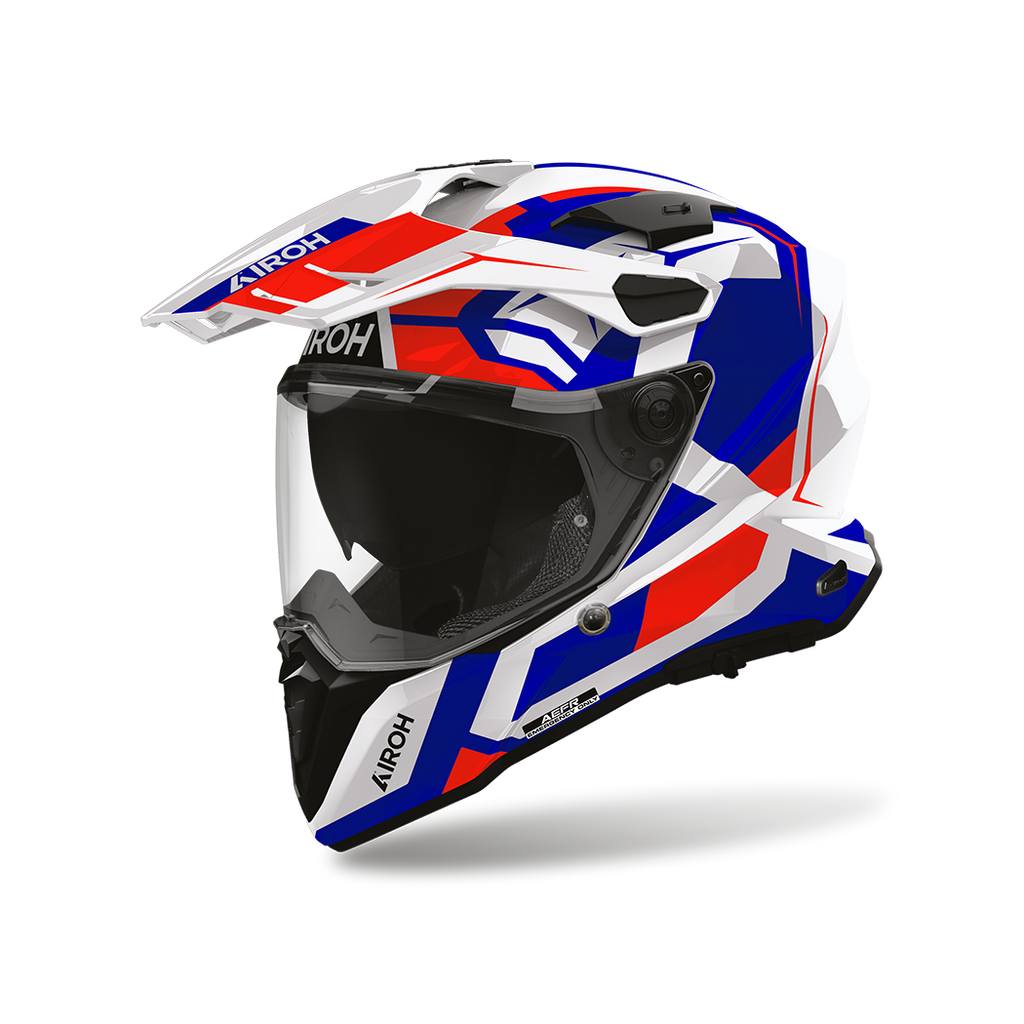 Airoh Commander 2 Polar Blu/Rosso Lucido (CM2P29), casco adventure visto di tre quarti dal lato sinistro, grafica bianca, rossa e blu, lucida
