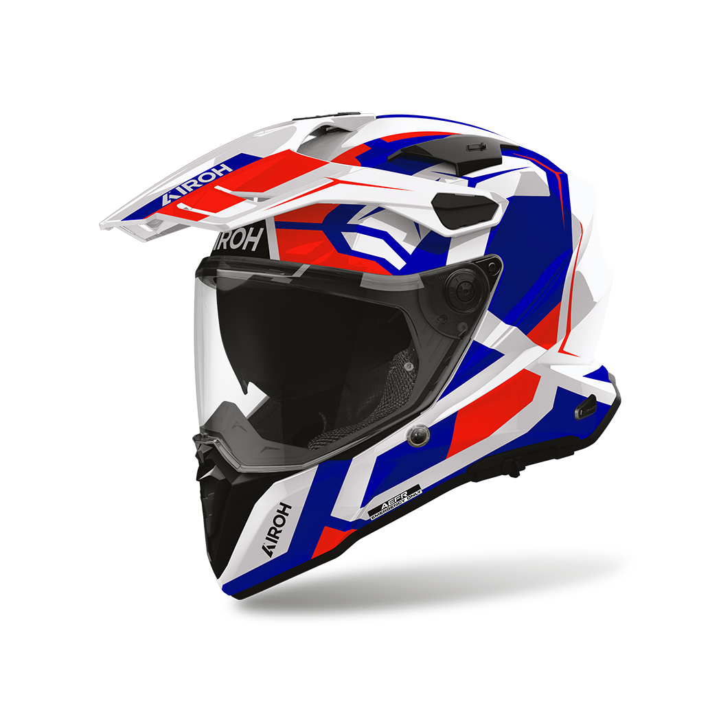 Airoh Commander 2 Polar Blu/Rosso Lucido (CM2P29), casco adventure visto di tre quarti dal lato sinistro, grafica bianca, rossa e blu, lucida