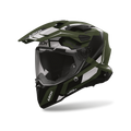 Airoh Commander 2 Polar Verde Militare Opaco (CM2P70), casco adventure visto di tre quarti dal lato sinistro, grafica verde militare, nera e bianca, opaca