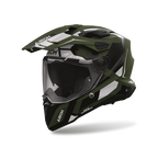 Airoh Commander 2 Polar Verde Militare Opaco (CM2P70), casco adventure visto di tre quarti dal lato sinistro, grafica verde militare, nera e bianca, opaca