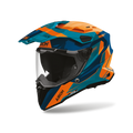 Airoh Commander 2 Razor Petrolio/Arancio Lucido (CM2RZ35), casco adventure visto di tre quarti dal lato sinistro, grafica blu petrolio e arancio, lucida