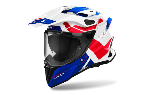 Airoh Commander 2 Reveal bianco, blu e rosso lucido casco adventure, tre quarti anteriore sinistra con frontino