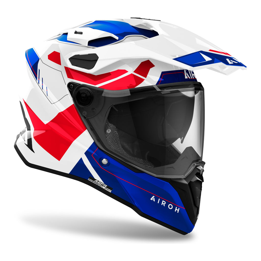 Airoh Commander 2 Reveal Blu/Rosso Lucido (CM2R18), casco adventure visto di tre quarti dal lato destro, grafica bianca, blu e rossa, lucida