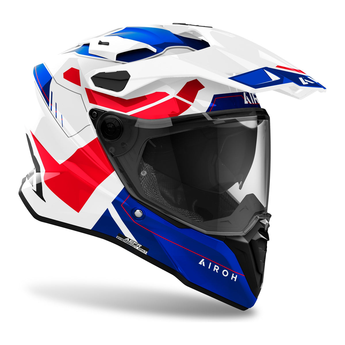 Airoh Commander 2 Reveal Blu/Rosso Lucido (CM2R18), casco adventure visto di tre quarti dal lato destro, grafica bianca, blu e rossa, lucida