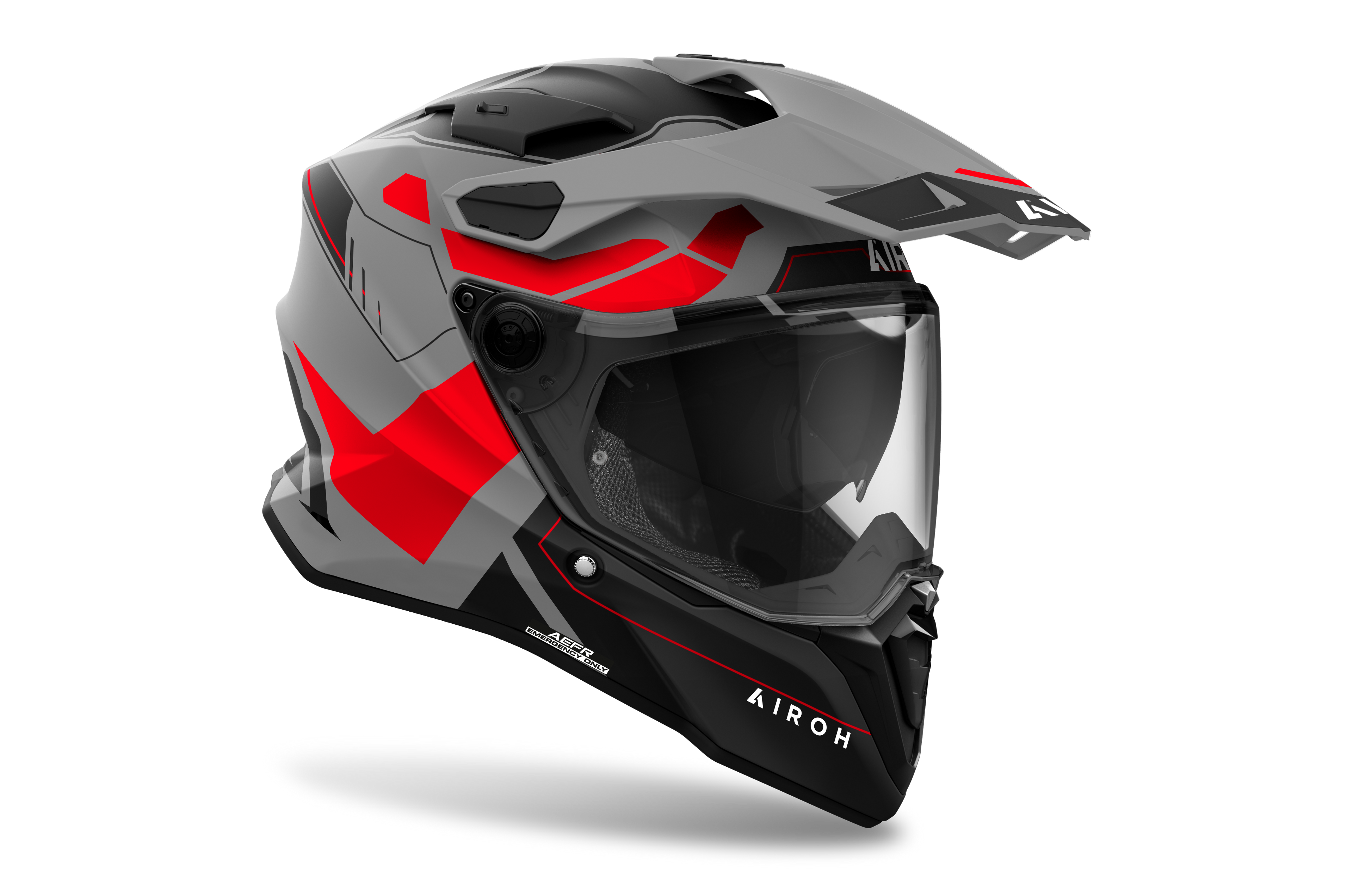 Airoh Commander 2 Reveal rosso fluo e grigio opaco casco adventure, tre quarti anteriore sinistra