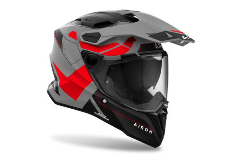 Airoh Commander 2 Reveal rosso fluo e grigio opaco casco adventure, tre quarti anteriore sinistra