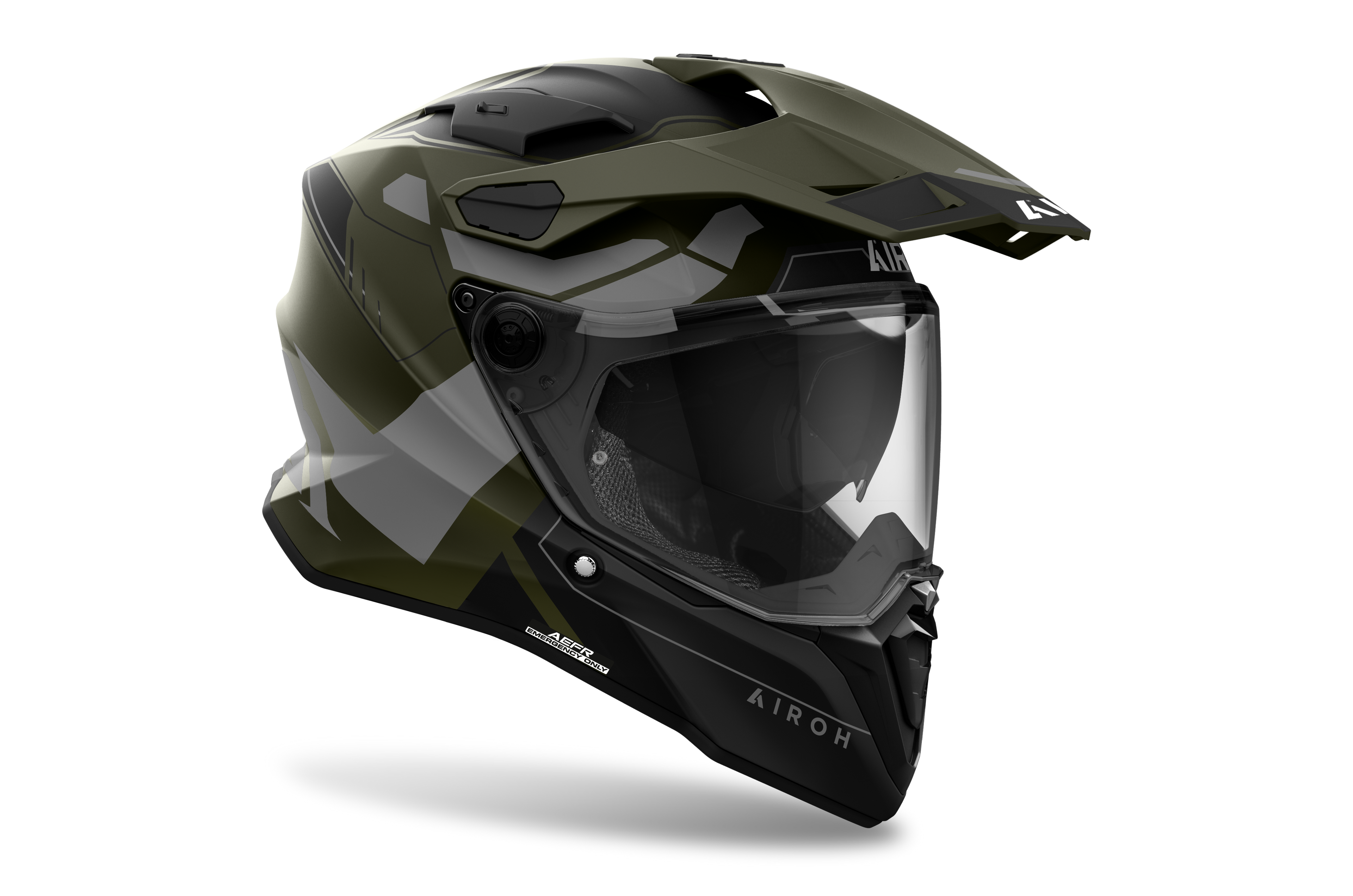 Airoh Commander 2 Reveal verde militare opaco casco adventure, tre quarti anteriore destra, visiera chiusa