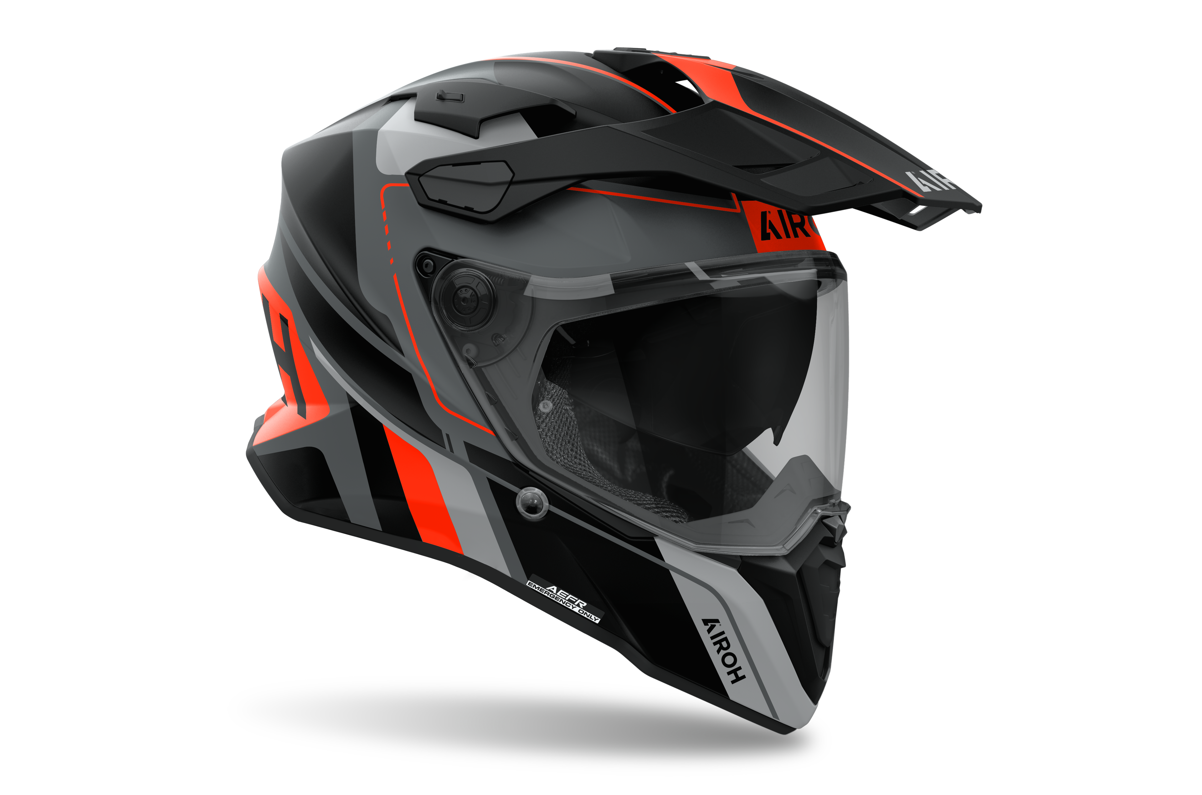 Airoh Commander 2 Skip nero e arancio opaco casco adventure, tre quarti anteriore sinistra con frontino