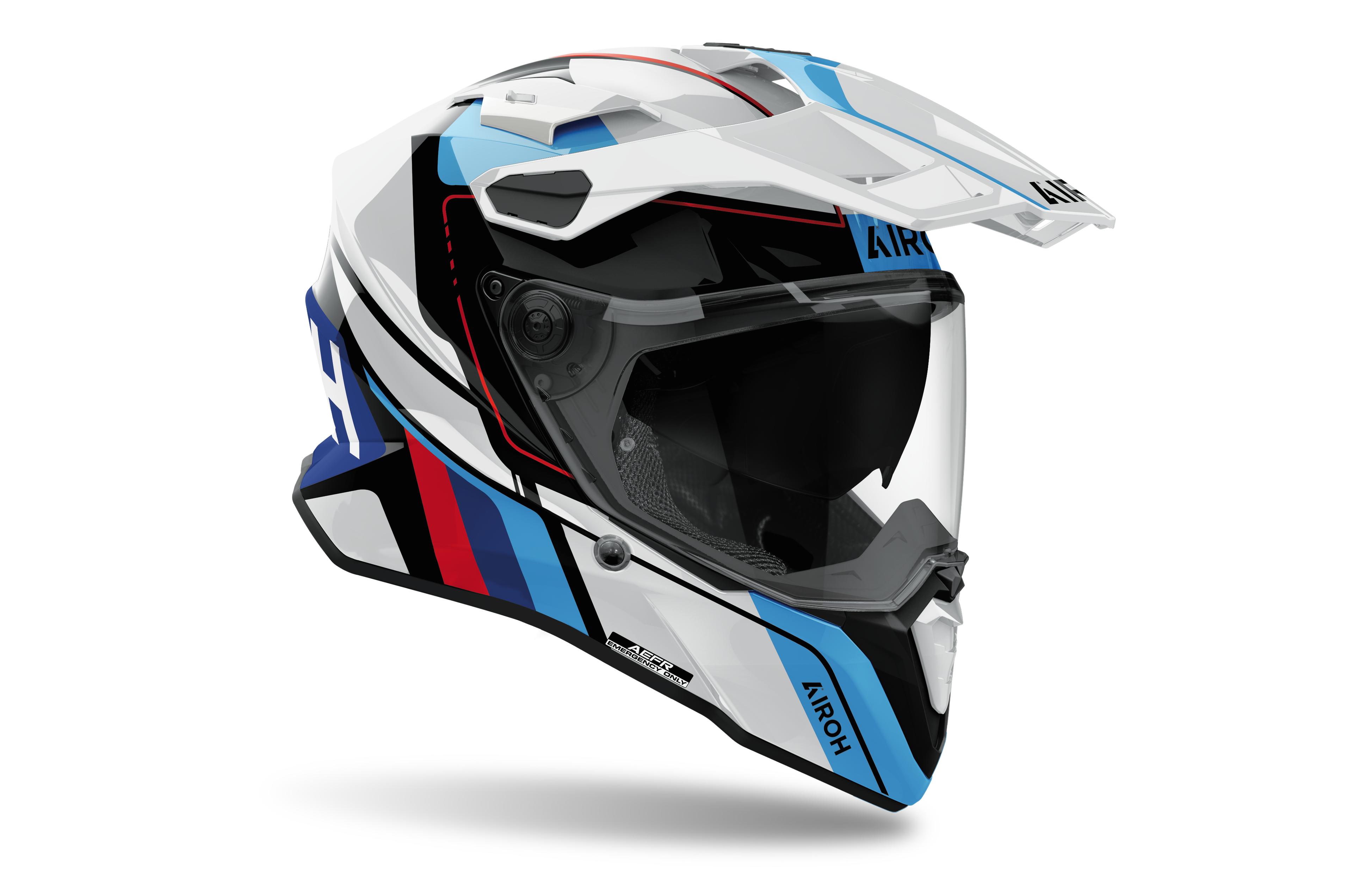 Airoh Commander 2 Skip bianco, blu e rosso lucido casco adventure, tre quarti anteriore destra, visiera chiusa