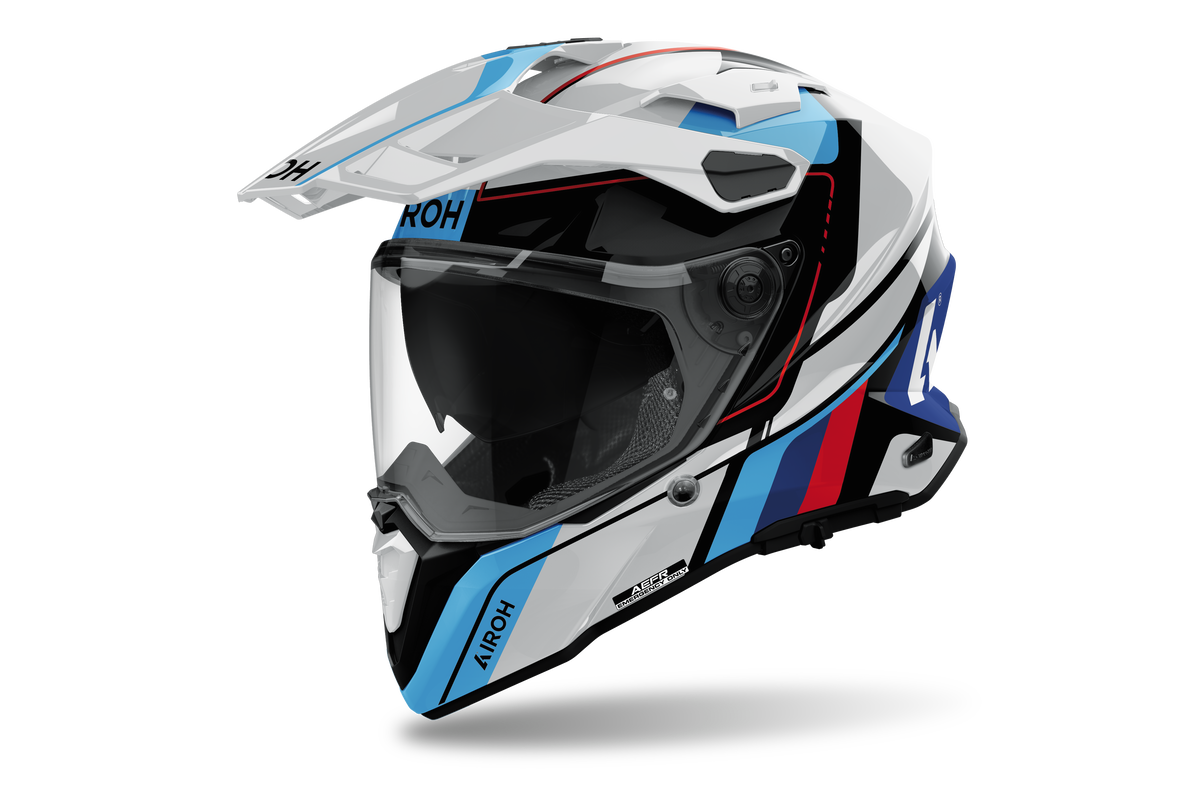 Airoh Commander 2 Skip bianco, blu e rosso lucido casco adventure, tre quarti anteriore sinistra con frontino