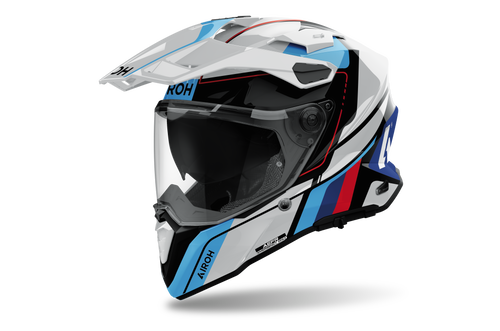 Airoh Commander 2 Skip bianco, blu e rosso lucido casco adventure, tre quarti anteriore sinistra con frontino