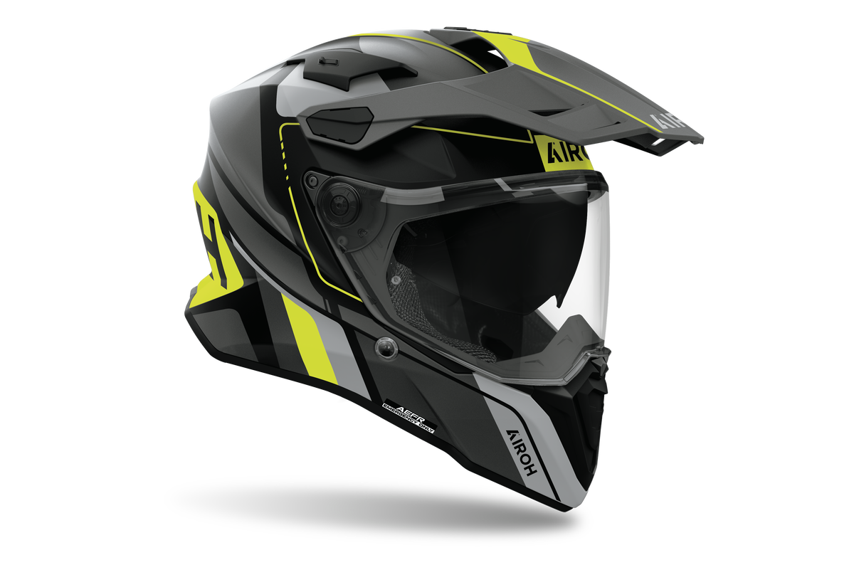 Airoh Commander 2 Skip nero e giallo fluo opaco casco adventure, tre quarti anteriore destra, visiera chiusa