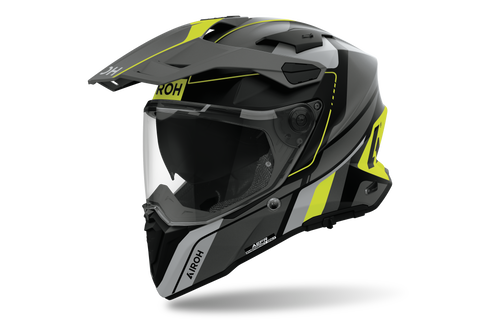 Airoh Commander 2 Skip nero e giallo fluo opaco casco adventure, tre quarti anteriore sinistra con frontino