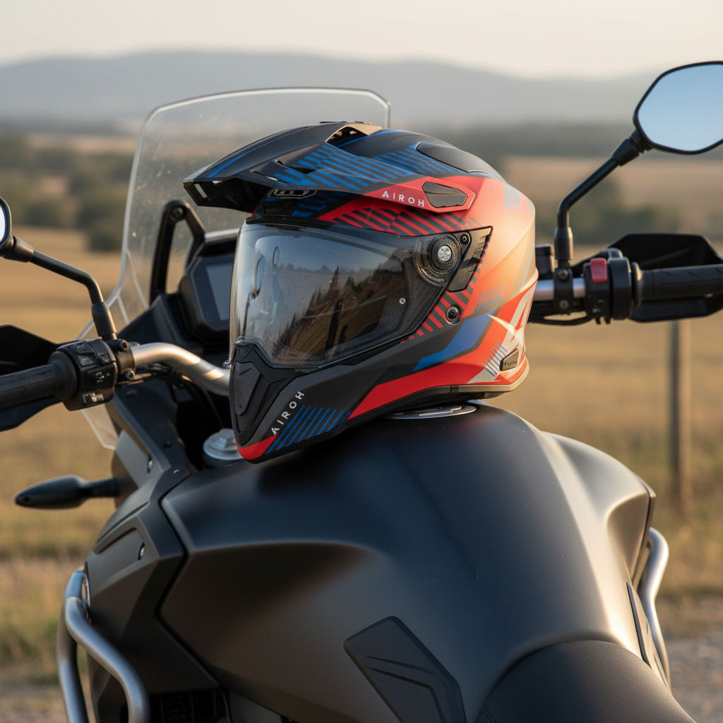 Airoh Commander Boost rosso e blu opaco appoggiato sul manubrio di una moto adventure