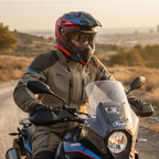 Motociclista con Airoh Commander Boost rosso e blu opaco indossato, visiera alzata, su strada al tramonto