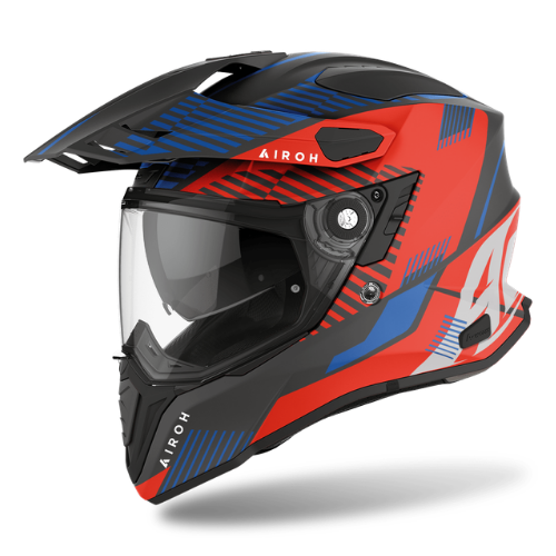 Airoh Commander Boost rosso e blu opaco – vista tre quarti anteriore sinistra con frontino e visiera chiusa
