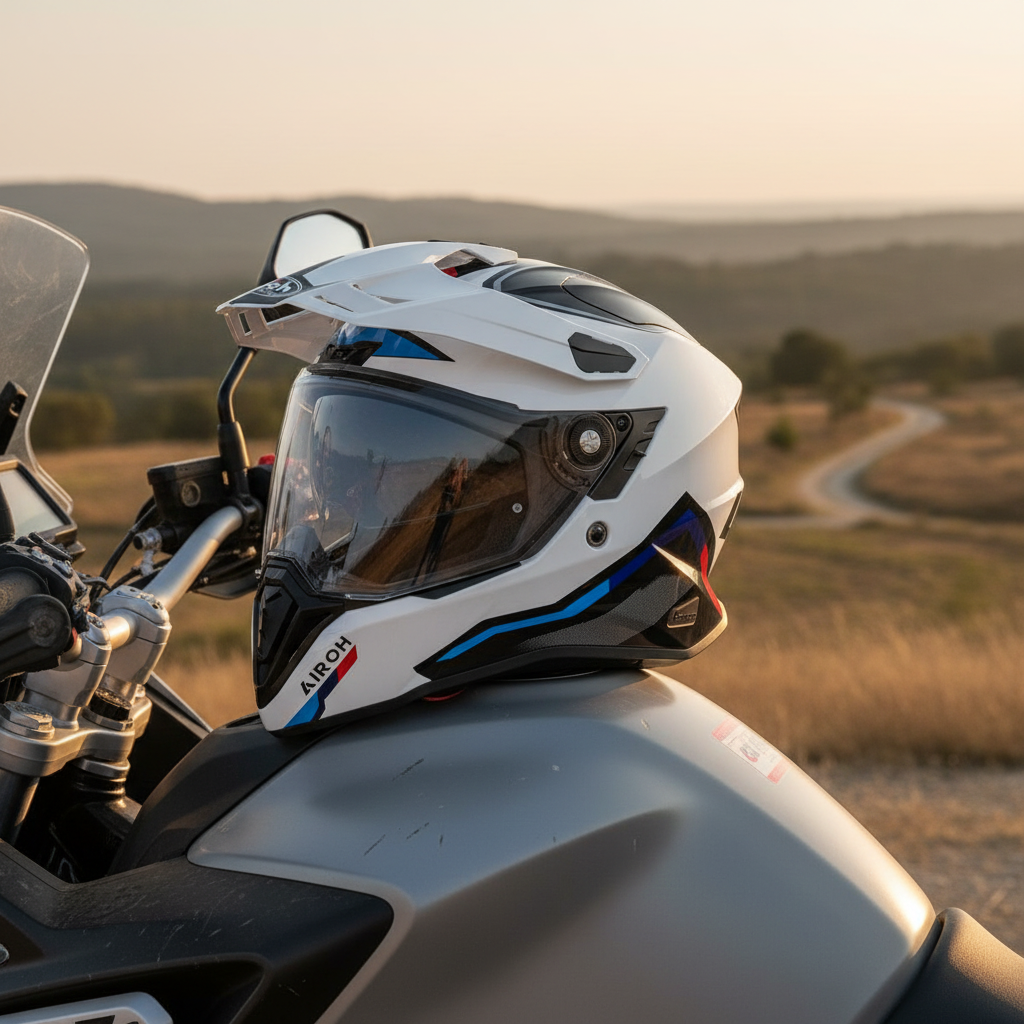 Casco Airoh Commander Factor bianco appoggiato sul manubrio di una moto adventure al tramonto
