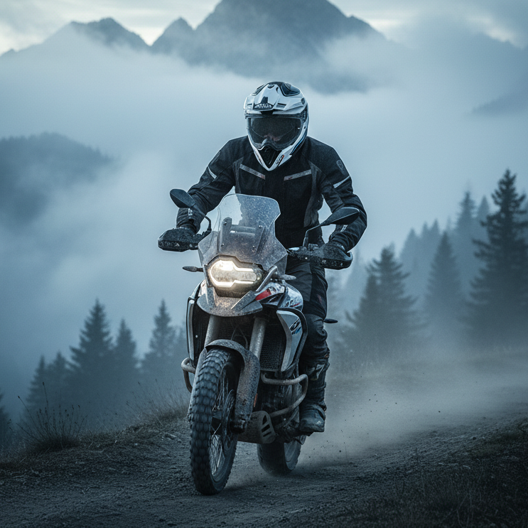 Moto adventure in foresta nebbiosa, pilota con casco Airoh Commander Factor bianco lucido