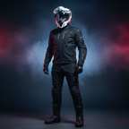 Motociclista in figura intera con casco Airoh Commander Factor bianco lucido in studio